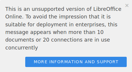 LibreOffice Online-дың қолдау көрсетілмейтін нұсқасы туралы ескертуді көрсететін скриншот